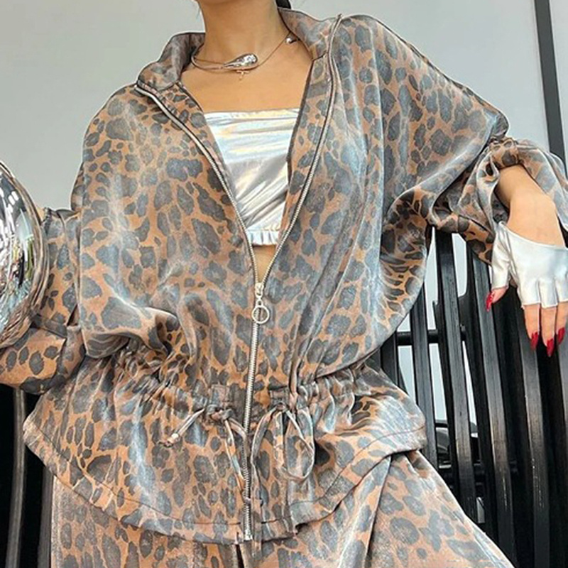 Women's Casual 2-Piece Set, Drawstring Leopard Print Zip-Up Top & Wide Leg Pants For Spring Fall - Image 9