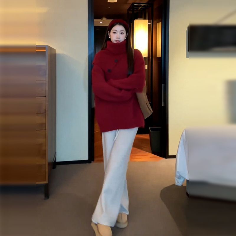 Premium Lazy Style High-neck Thick Sweater Women Loose Scarf Two-piece Set