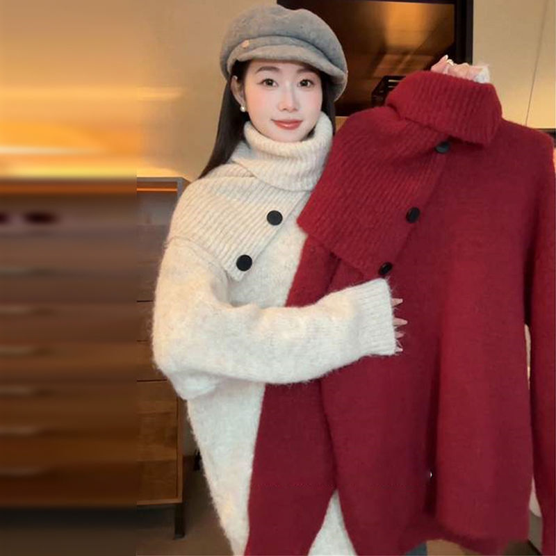 Premium Lazy Style High-neck Thick Sweater Women Loose Scarf Two-piece Set - Image 2