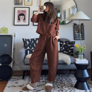 Loose And Breathable Grid Long-sleeve Vest And Pants Set