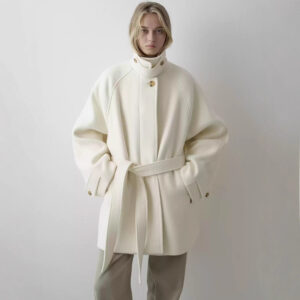 Elegant loose-fitting belted mid-length stand collar coat