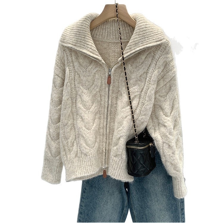Korean-style Double Zipper Cable Knit Sweater Coat For Women - Image 2