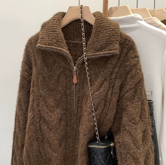 Korean-style Double Zipper Cable Knit Sweater Coat For Women - Image 3