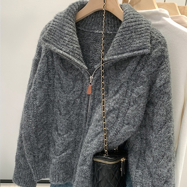 Korean-style Double Zipper Cable Knit Sweater Coat For Women - Image 4