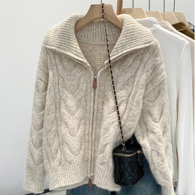 Korean-style Double Zipper Cable Knit Sweater Coat For Women - Image 5