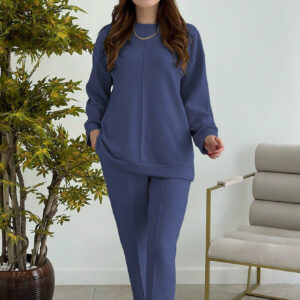 Women's Fashion Casual Solid-Color Crew-Neck Top And Pants Two-Piece Set