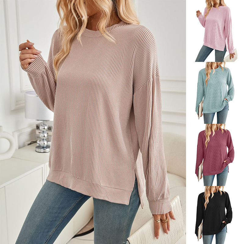 Women's Wave Striped Loose Long Sleeve Slit Sweater - Image 2