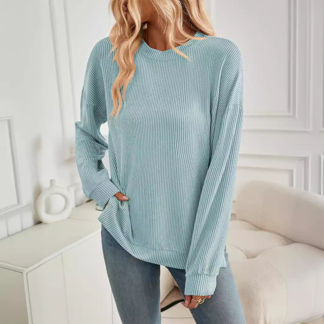 Women's Wave Striped Loose Long Sleeve Slit Sweater - Image 3