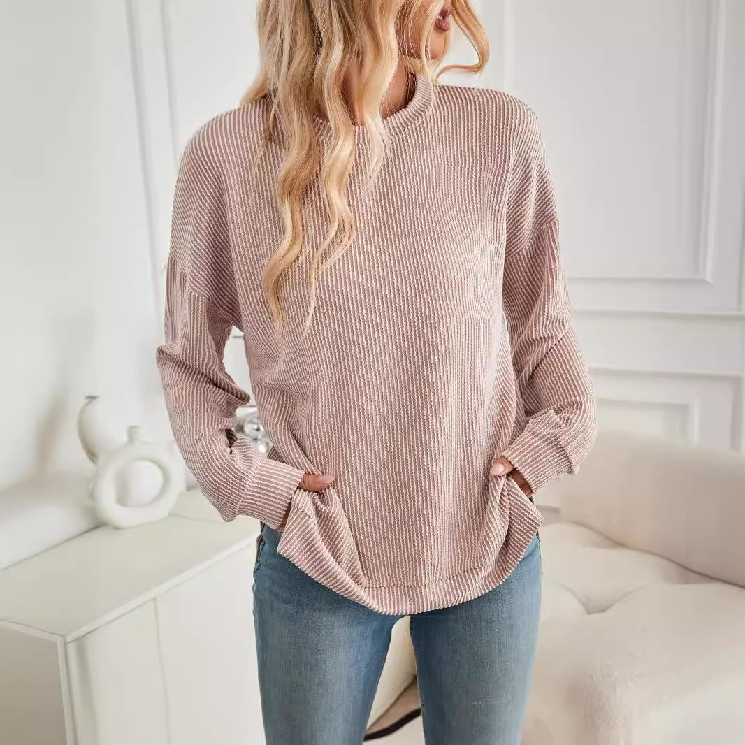 Women's Wave Striped Loose Long Sleeve Slit Sweater - Image 4