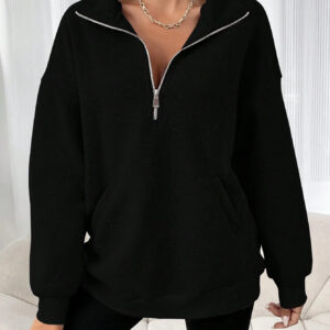 Stylish Zip-up Lapel Solid Color Casual T Hoodie For Women