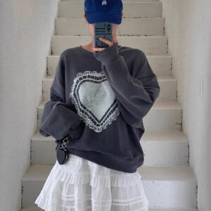 Temperament Crew Neck Heart Printing Design Loose And Lazy Style Versatile Long Sleeve