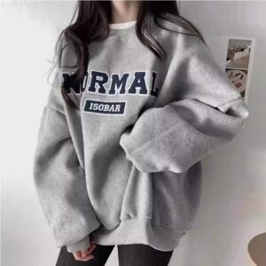 Gray Capless Round Neck Brushed Hoody Women's Loose