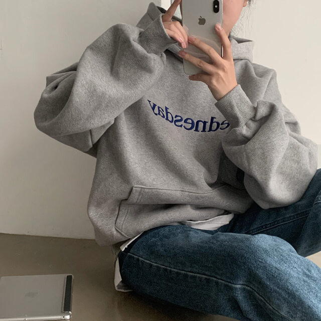 South Korea Chic Winter Student Loose Embroidery Hooded Fleece Lined Sweater - Image 5