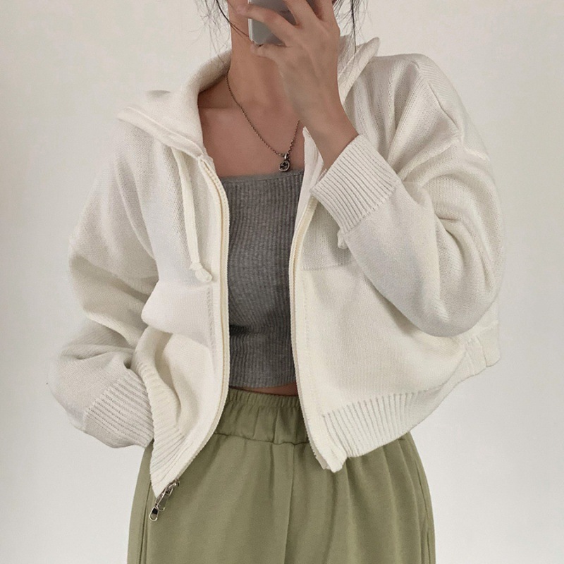 Autumn Leisure Hooded Cropped Sweater Coat - Image 4