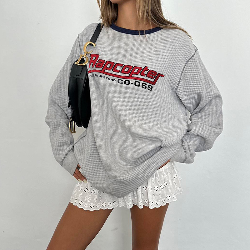 European And American Retro Contrast Color Round Neck Loose Mid-length Long Sleeve Top - Image 2