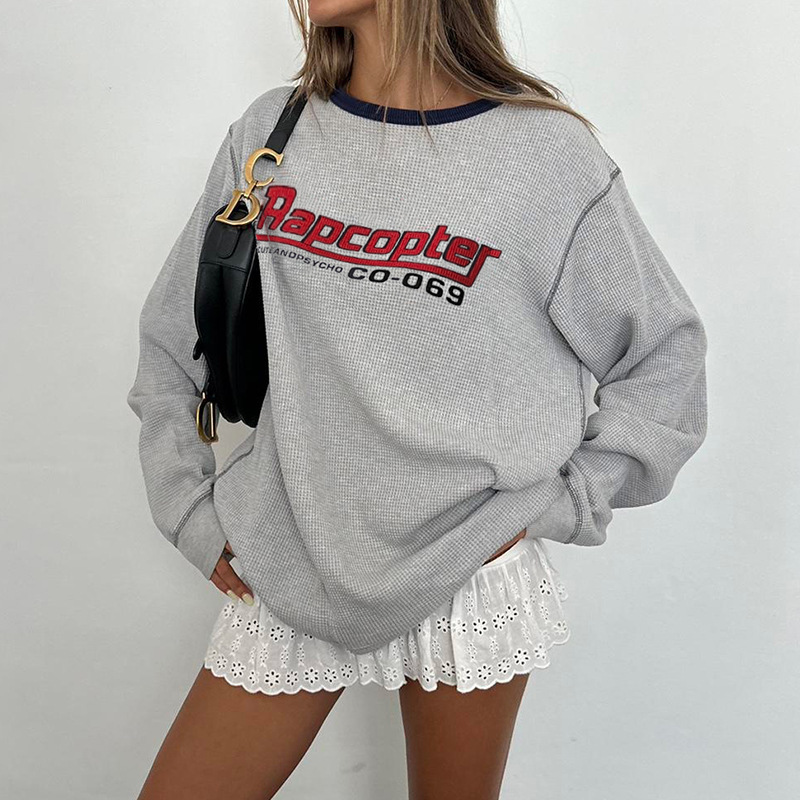 European And American Retro Contrast Color Round Neck Loose Mid-length Long Sleeve Top - Image 4