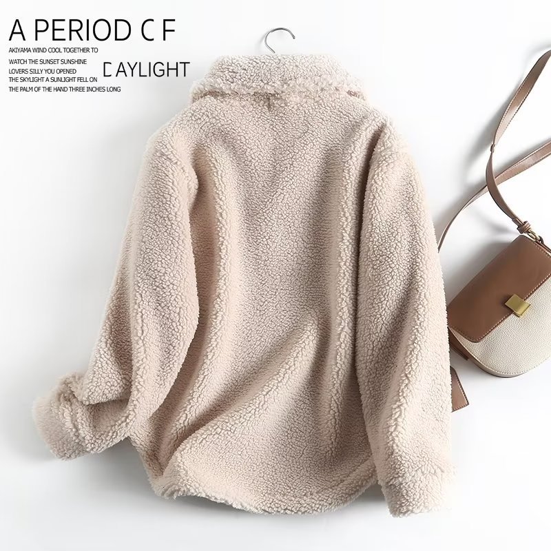 Women's Simple Casual Sweatshirt Zipper Collar Lamb Wool Loose Pullover Coat - Image 3