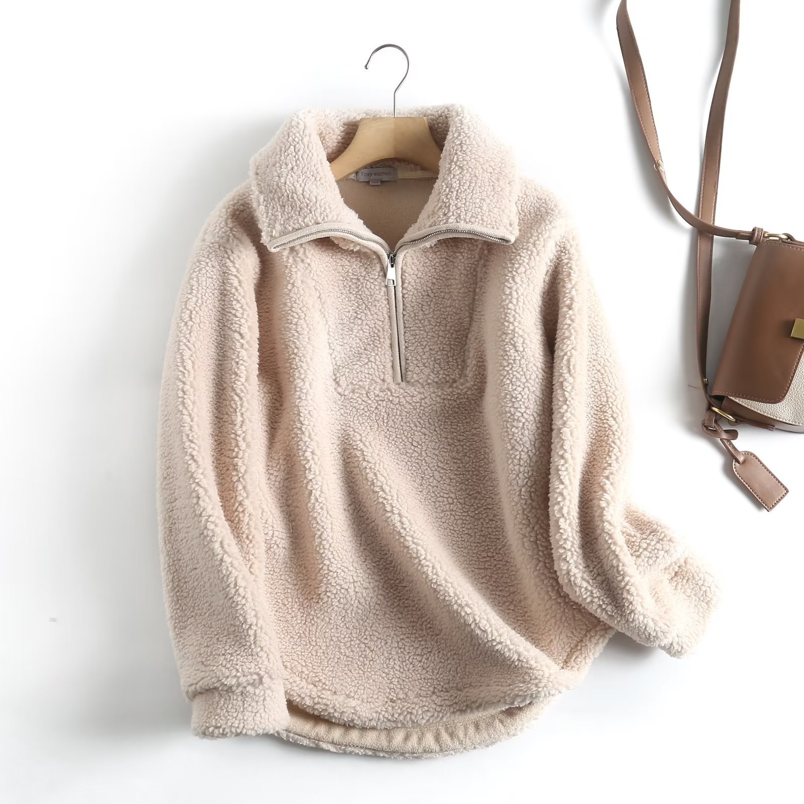 Women's Simple Casual Sweatshirt Zipper Collar Lamb Wool Loose Pullover Coat - Image 4