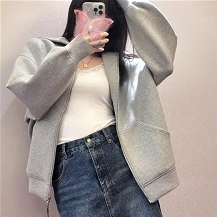 Idle Style Casual Zipper Gray Air Cotton Sweater For Women - Image 2