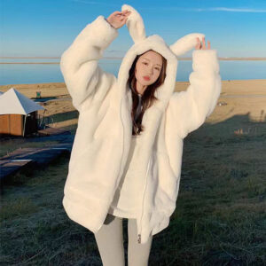 Rabbit Ears Lamb Wool Fleece-lined Thick Zipper Hooded Sweater For Women