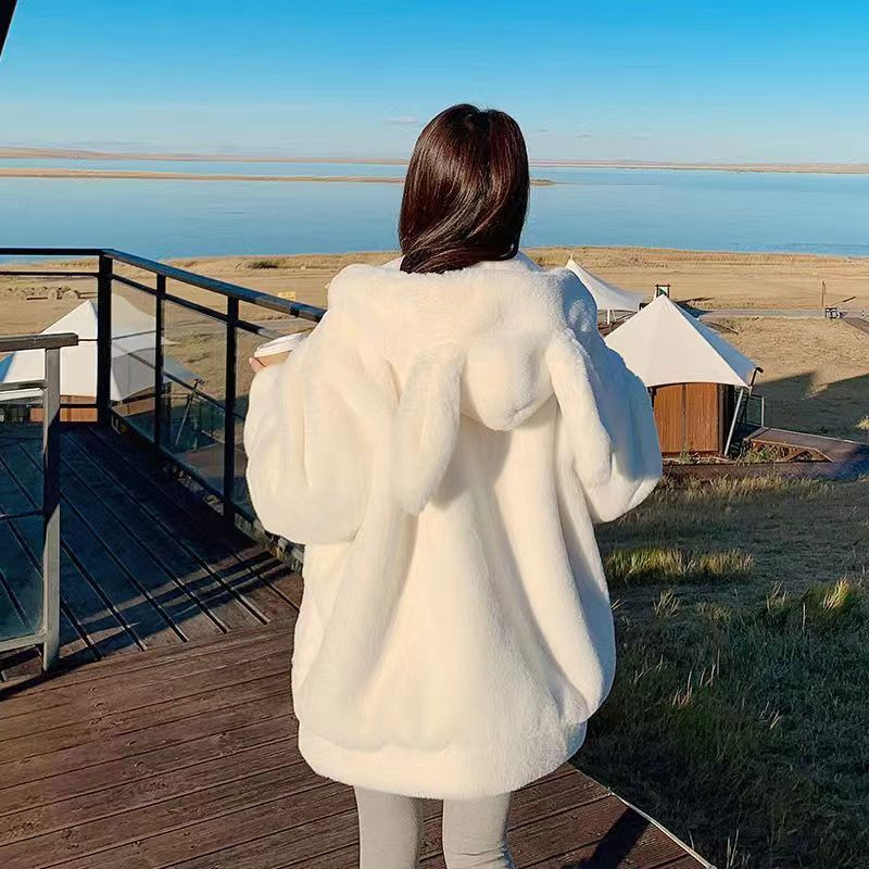 Rabbit Ears Lamb Wool Fleece-lined Thick Zipper Hooded Sweater For Women - Image 3