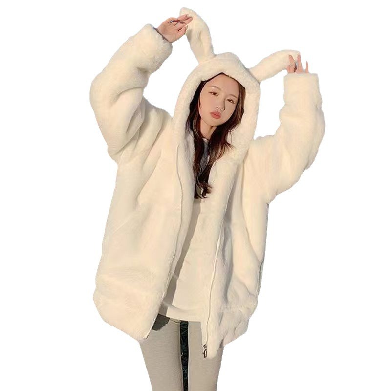 Rabbit Ears Lamb Wool Fleece-lined Thick Zipper Hooded Sweater For Women - Image 5