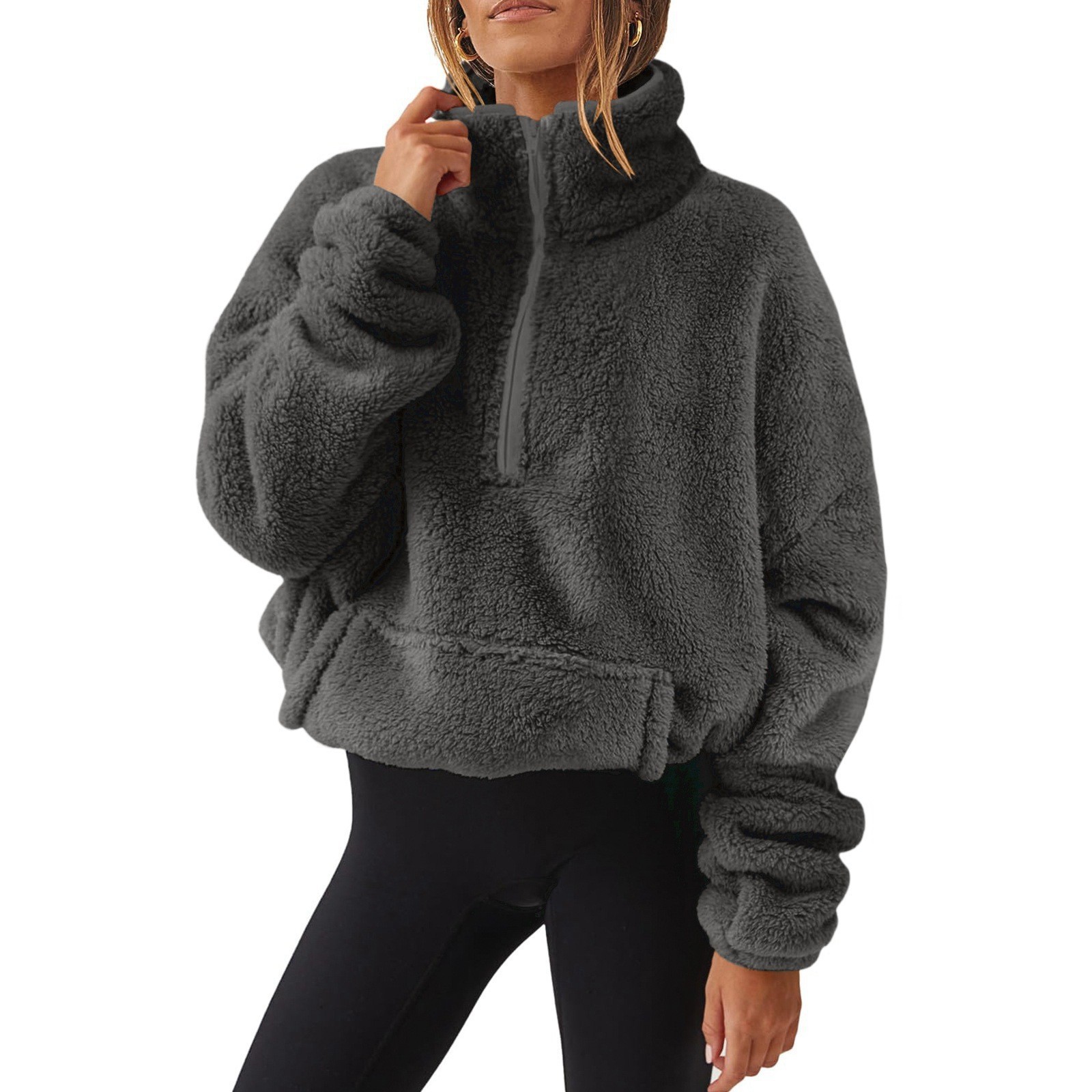 European And American Velvet Fleece-lined Women's Half Zipped Stand Collar Sweater - Image 2