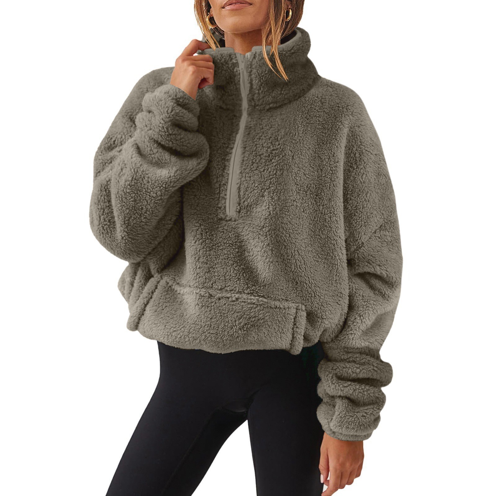 European And American Velvet Fleece-lined Women's Half Zipped Stand Collar Sweater - Image 3