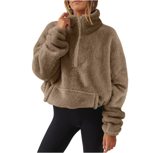 European And American Velvet Fleece-lined Women's Half Zipped Stand Collar Sweater - Image 6