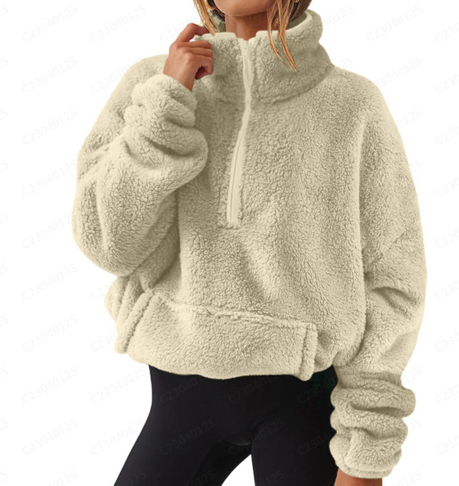 European And American Velvet Fleece-lined Women's Half Zipped Stand Collar Sweater - Image 7
