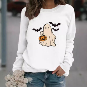 Halloween Casual Long Sleeve Round Neck Cartoon Ghost Print Pullover Sweater Sweatshirt
