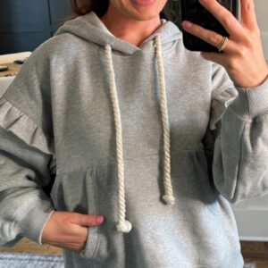 Grey Contrast Knot Drawstring Ruffled Drop-shoulder Loose Sweatshirt