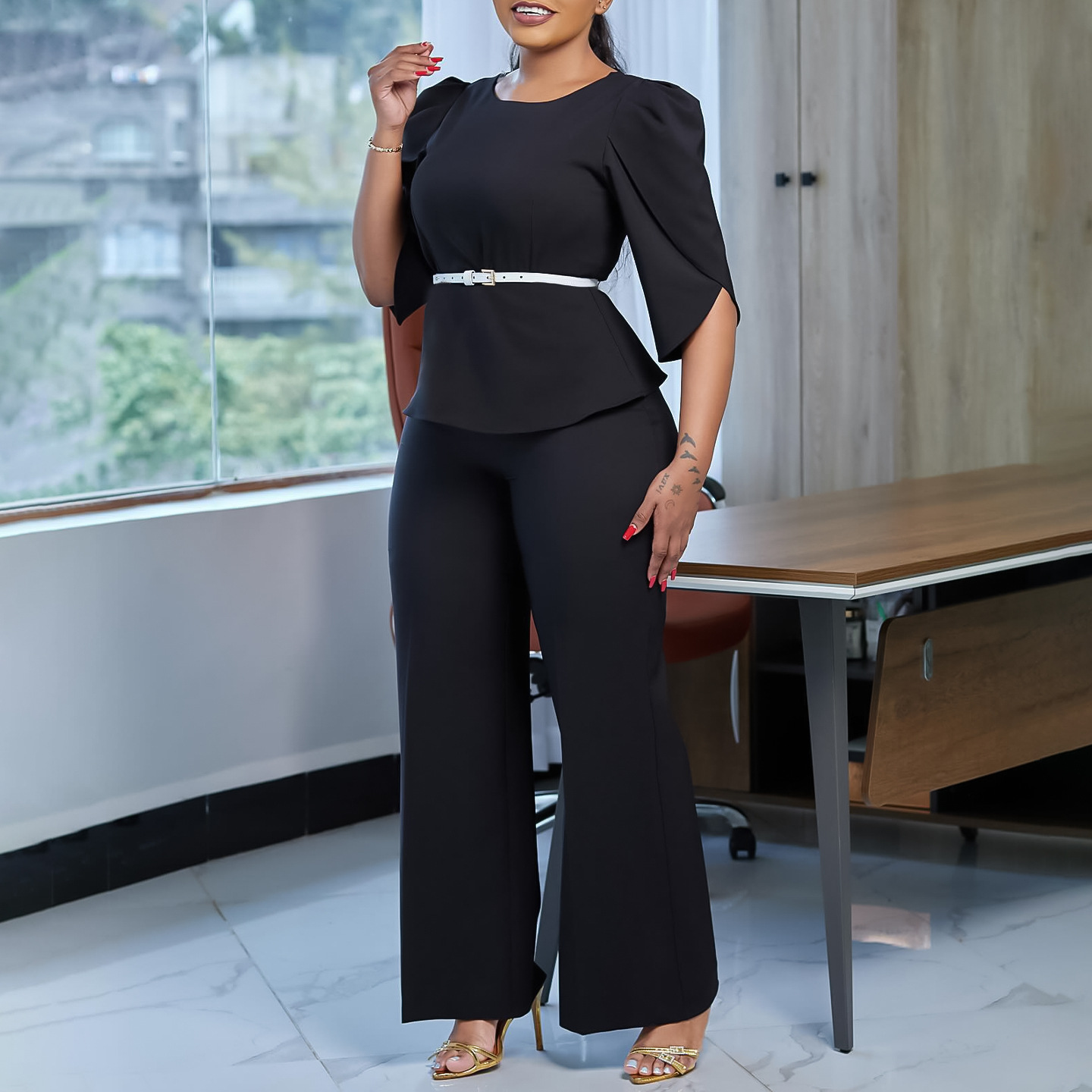 Top Wide Leg Pants Two-piece Set European And American Suit - Image 4