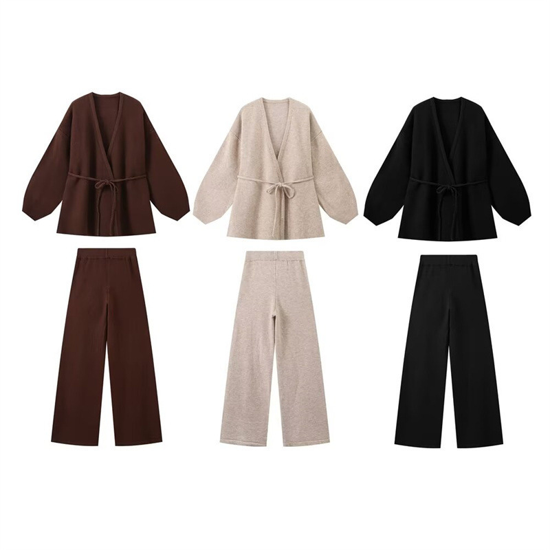 European And American Style Women's Fashion Casual Loose Knitted Solid Color Cardigan Trousers Suit