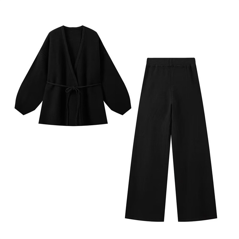 European And American Style Women's Fashion Casual Loose Knitted Solid Color Cardigan Trousers Suit - Image 4