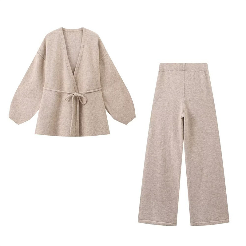 European And American Style Women's Fashion Casual Loose Knitted Solid Color Cardigan Trousers Suit - Image 7