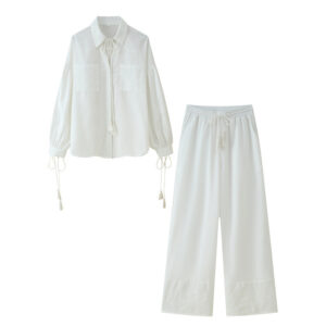Women's Cotton And Linen Tassel Lace-up Embroidered Shirt Embroidered Trousers