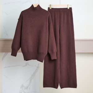 Casual Laid-back Style Solid Color Loose High Collar Knitted Sweater Suit