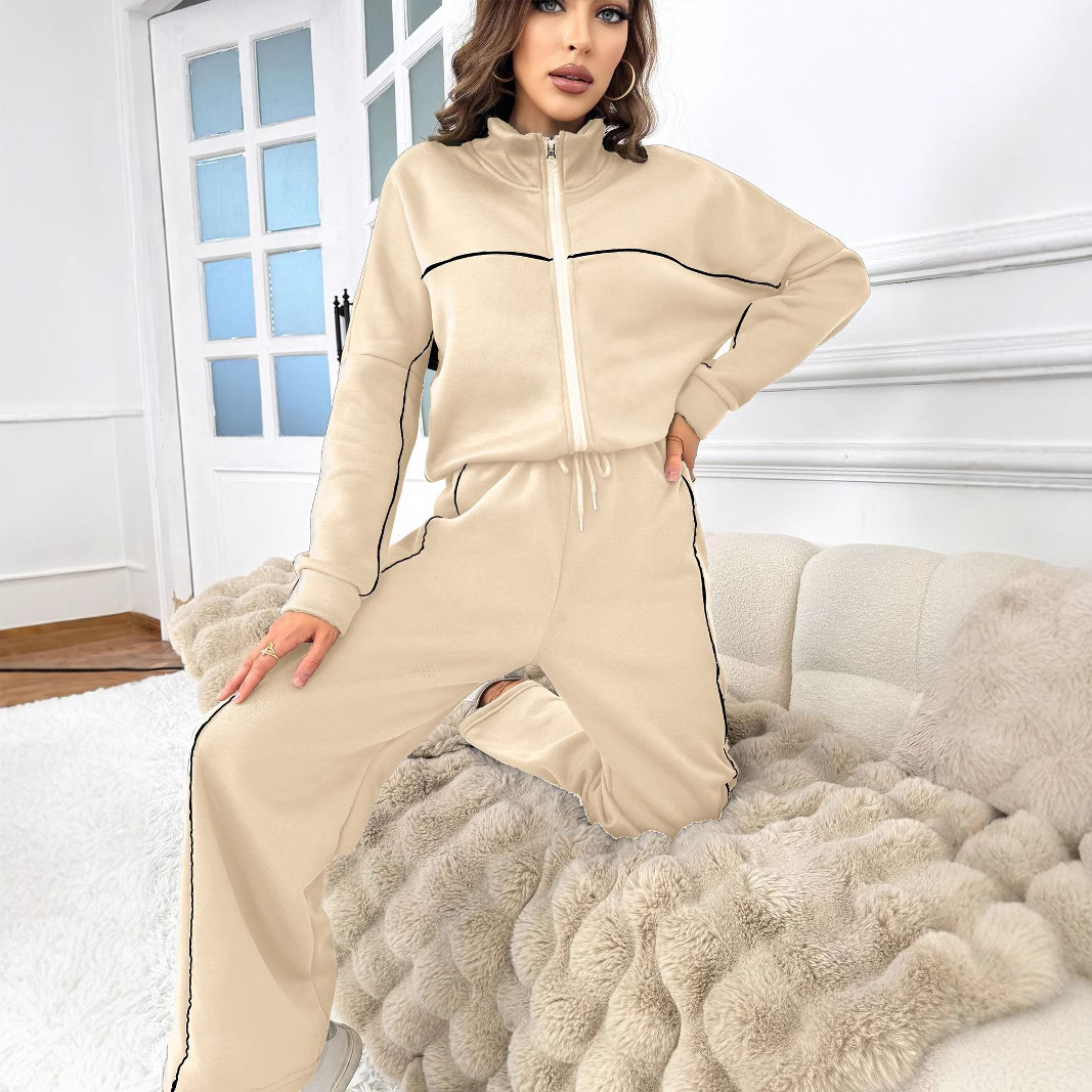 Women's Casual Long-sleeved Half Turtleneck Cardigan Sweater Lace-up Striped Trousers - Image 4