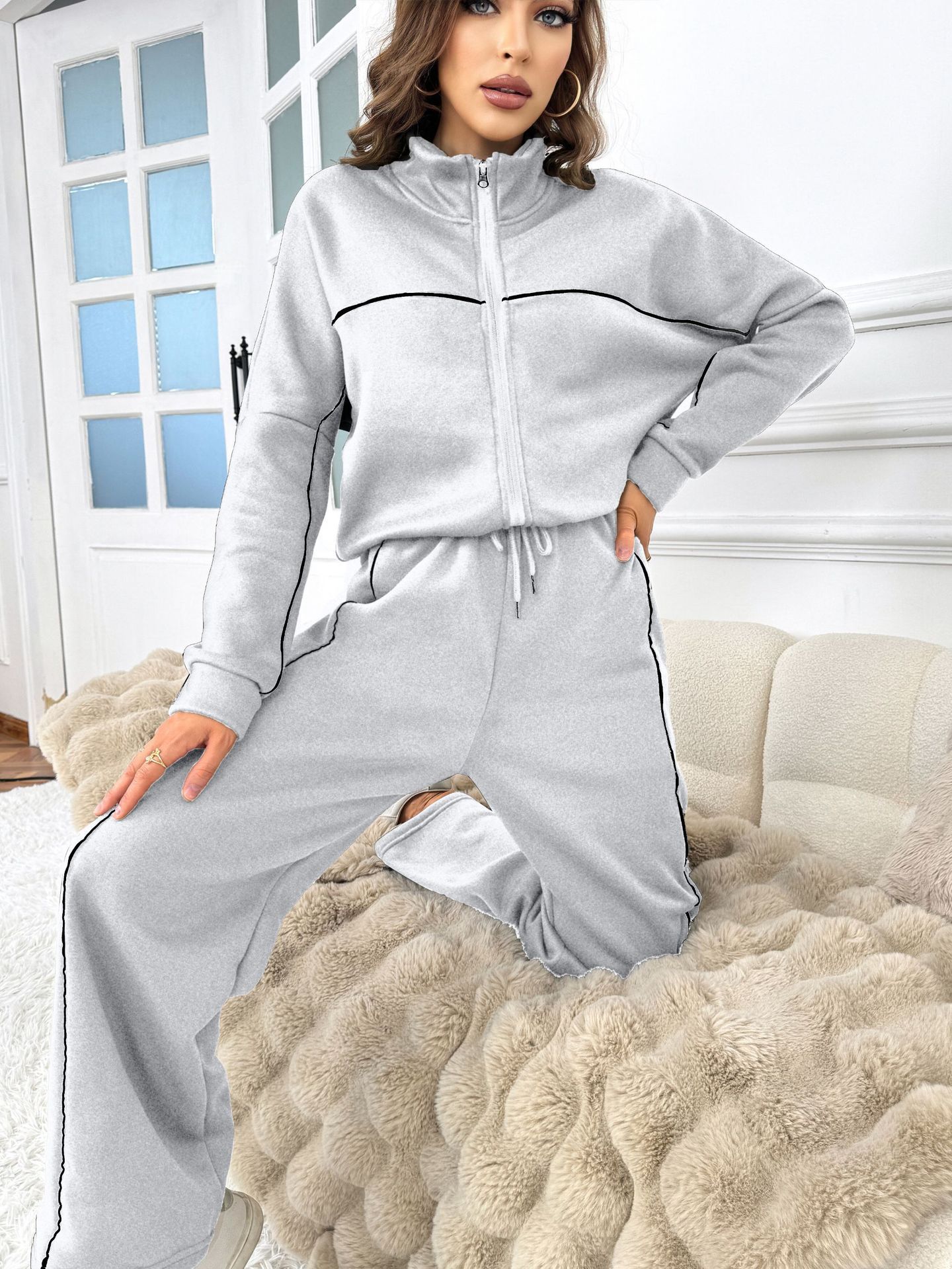 Women's Casual Long-sleeved Half Turtleneck Cardigan Sweater Lace-up Striped Trousers - Image 6