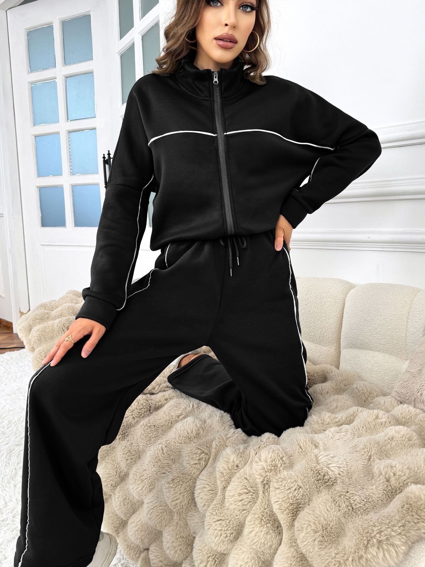 Women's Casual Long-sleeved Half Turtleneck Cardigan Sweater Lace-up Striped Trousers - Image 7