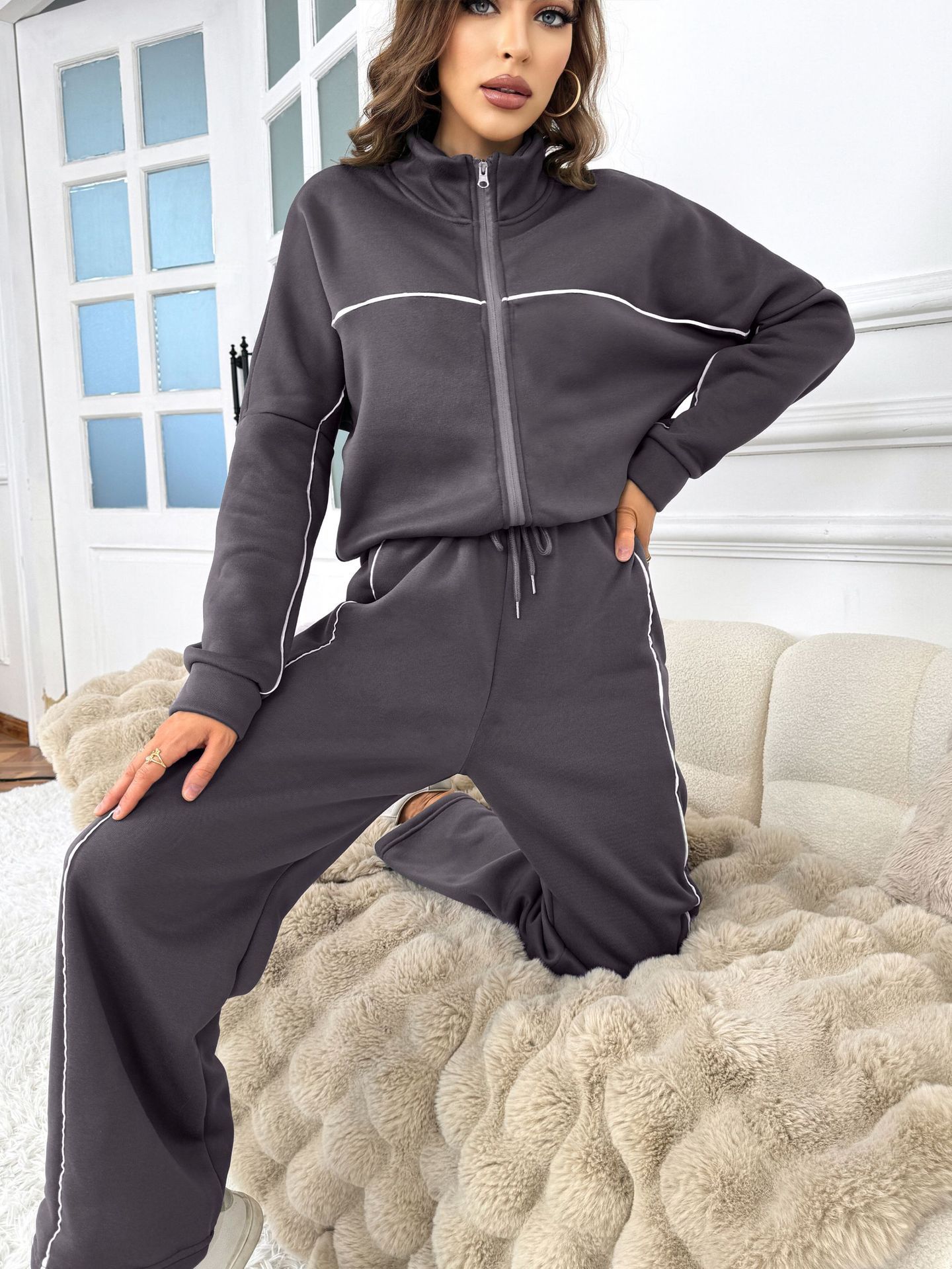 Women's Casual Long-sleeved Half Turtleneck Cardigan Sweater Lace-up Striped Trousers - Image 9