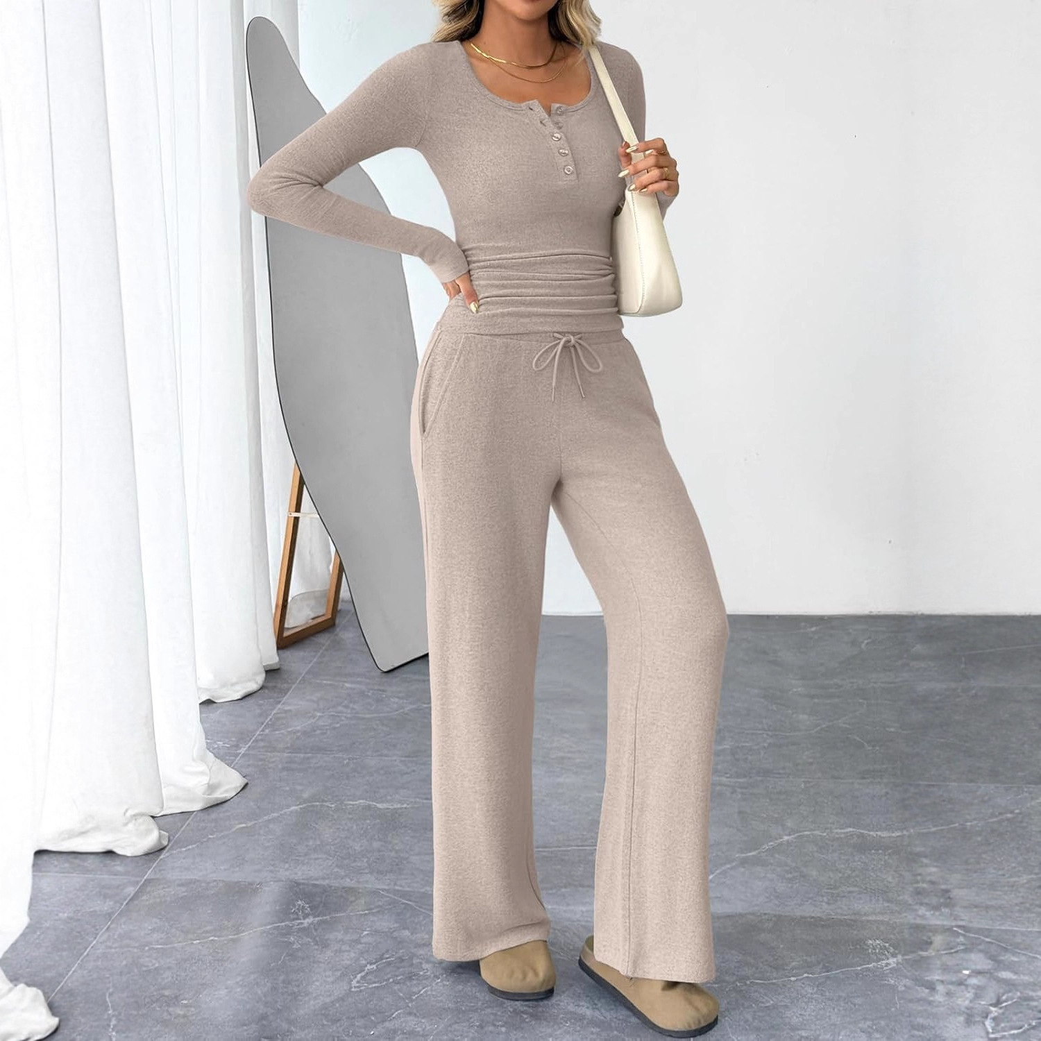 Two-piece Set Women's Long-sleeve Blouse Wide Leg Pants Fashion Casual Set - Image 2