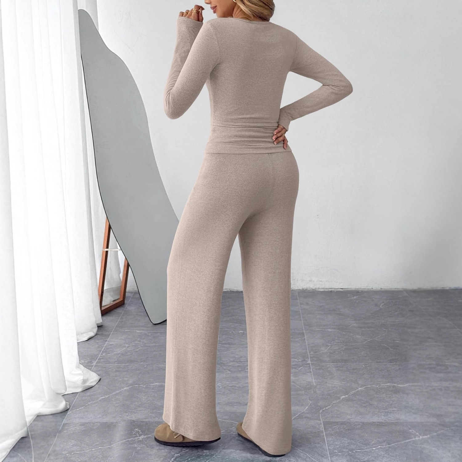 Two-piece Set Women's Long-sleeve Blouse Wide Leg Pants Fashion Casual Set - Image 3