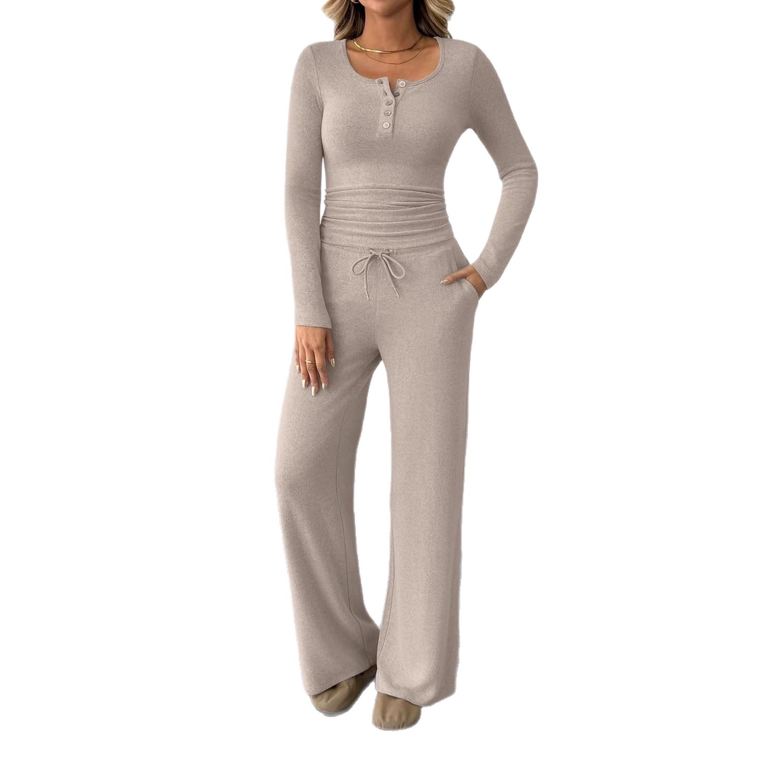 Two-piece Set Women's Long-sleeve Blouse Wide Leg Pants Fashion Casual Set - Image 4