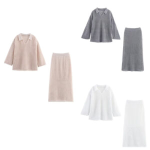 Hollow Long Sleeve Knitted Skirt Suit