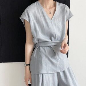 Two-piece Lace-up Sleeveless Shirt And Wide-leg Pants