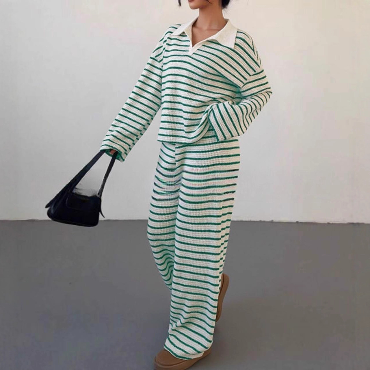 Striped Lapel Fashionable Knitted Loose Long Sleeve Top Casual Trousers Suit - Image 4