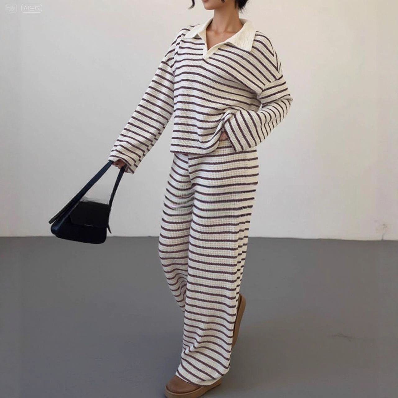 Striped Lapel Fashionable Knitted Loose Long Sleeve Top Casual Trousers Suit - Image 5