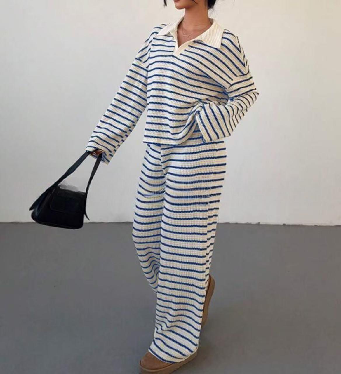 Striped Lapel Fashionable Knitted Loose Long Sleeve Top Casual Trousers Suit - Image 6